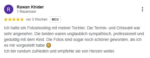 Ich hatte ein Fotoshooting mit meiner Tochter. Die Termin- und Ortswahl war sehr angenehm. Die beiden waren unglaublich sympathisch, professionell und geduldig mit dem Kind. Die Fotos sind sogar noch schöner geworden, als ich es mir vorgestellt habe 😊 Ich bin rundum zufrieden und empfehle sie von Herzen weiter.